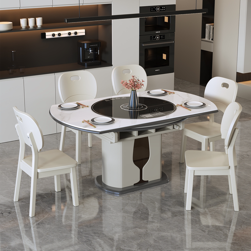 Slate Dining Table and Chairs, Convertible to Round Table, Built-In Induction Cooker, Warming Plate, High-End Feel, Living Room, Home Use, Rotating, 2026 New Model
