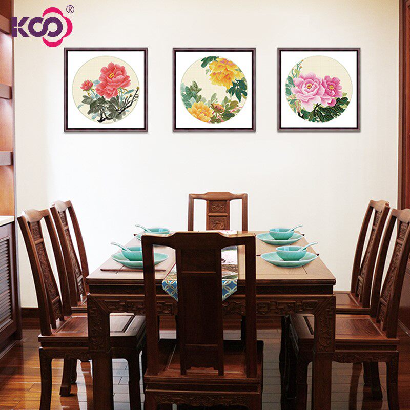 KS cross stitch 2021 new peony round triptych flower thread embroidery living room dining room Chinese ink painting magenta