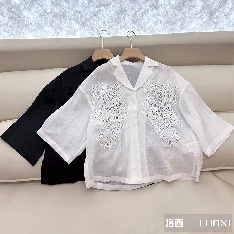 Italian Style Heavy Embroidery Hollow-Out Five-Quarter Sleeve Turn-Down Collar Loose Shirt for Women, Ramie, Autumn 2025 New Model