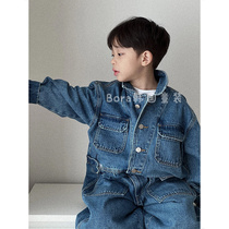 Boys pants spring and autumn 2024 trendy and handsome blue childrens denim suspenders big childrens overalls jumpsuit thin trousers