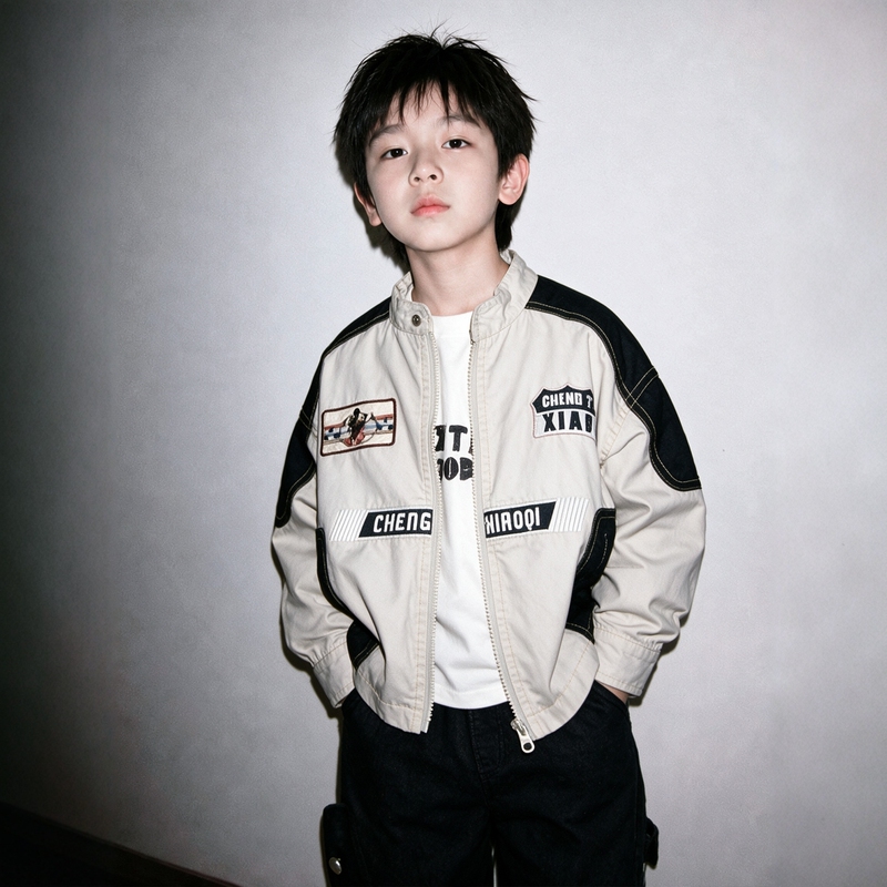 Boys' Jacket with a Youthful Feel, Children's Autumn Clothing, Stand-Up Collar Jacket, 2026 New Retro Racing Style Badge, Big Kids' Top Boys' Jacket with a Youthful Feel, Children's Autumn Clothing, Stand-Up Collar Jacket, 2026 New Retro Racing Style Badge, Big Kids' Top