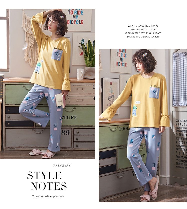 Bộ đồ ngủ nữ mùa thu cotton dài tay mỏng mùa xuân hè Thu Đông phiên bản Hàn Quốc có thể mặc đồ sinh viên tươi mát dễ thương đồ bộ cho người 60 tuổi