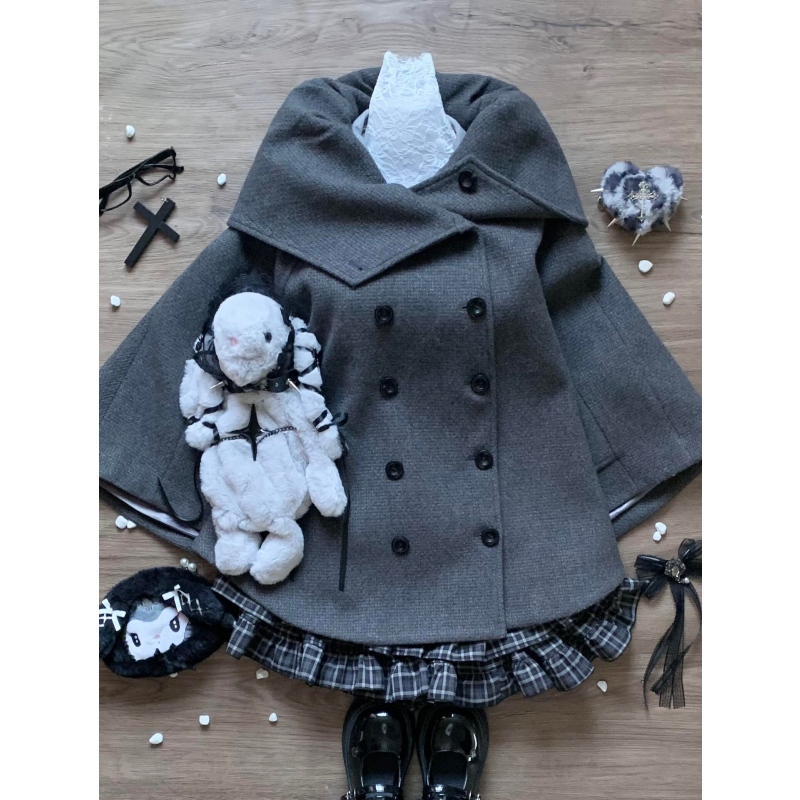 Autumn and Winter Korean Style College-Style Cape Double-Breasted Shawl Coat Heart-Shaped Hollow Fake Two-Piece Top Cake Skirt Set