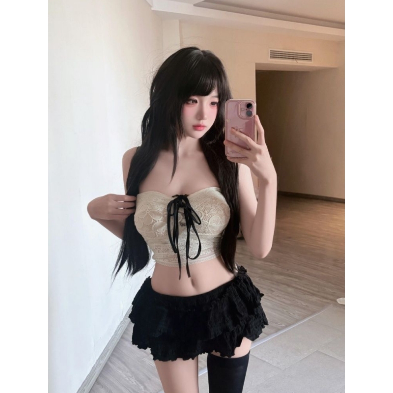 Summer New Style Pure and Sweet Bow-Tie Lace Tube Top Black Sexy Cake-Style Hot Girl Skirt