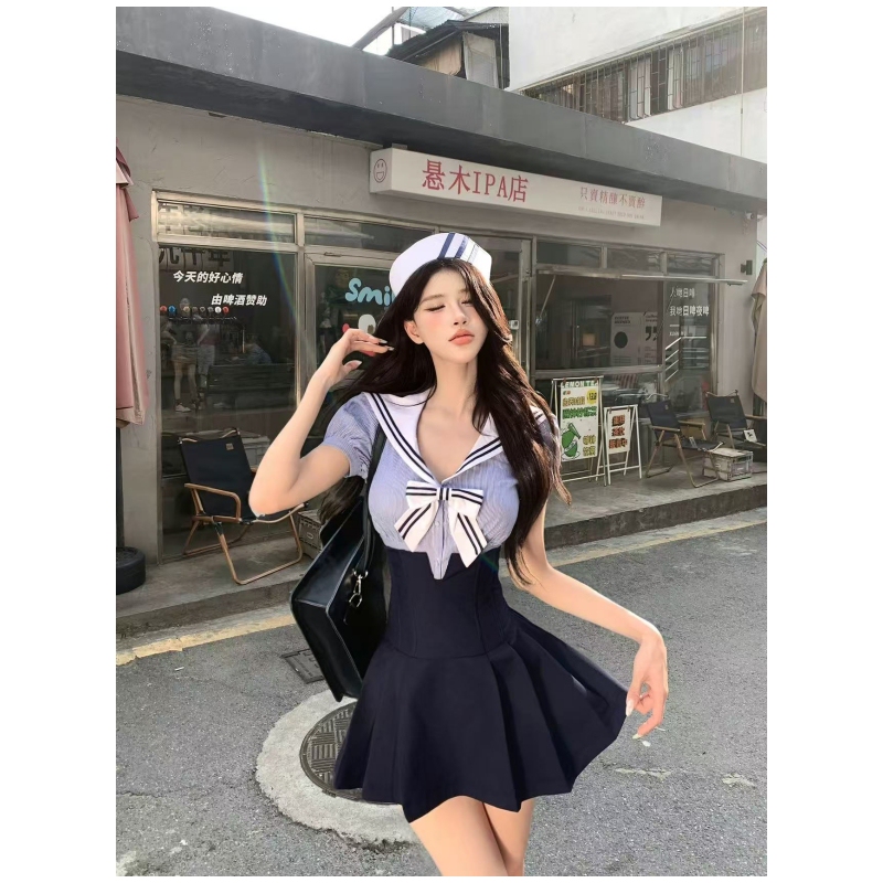 College Style Girl Group Jk Uniform Set Striped Color-Blocked Sailor Collar Short-Sleeved Sailor Suit Top and Skirt Set