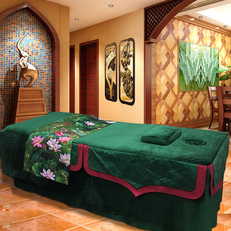 Beauty salon Southeast Asian style Thai spa massage bed set with hole moxibustion fumigation bed cover Four-piece set of gold velvet