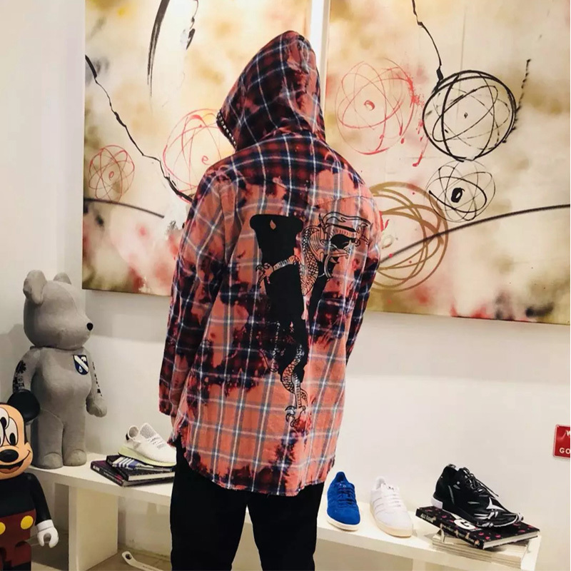 Vlone X Edison Chen Collaboration Chinese Dragon Tie-Dye Printed Plaid Long-Sleeve Shirt Unisex Hooded Jacket Trendy