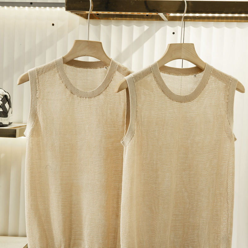 Small Quantity of High-End 65% Linen 35% Tencel Italian Order Men's Summer Hollow-Out See-Through Knitted Sleeveless T-Shirt Vest