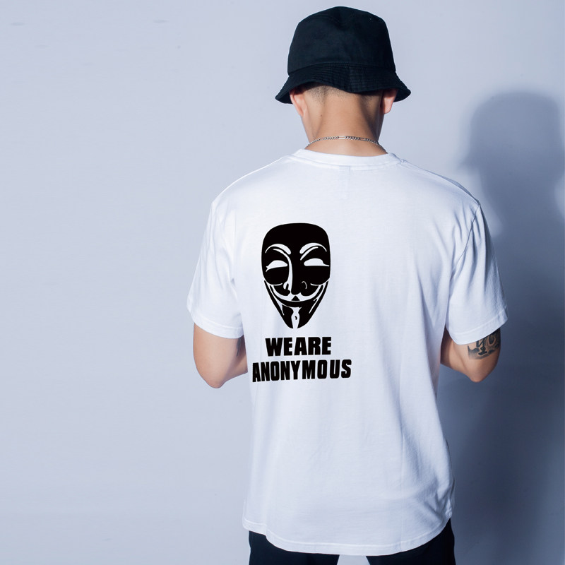 V字仇杀队面具T恤男 潮牌青少年学生大码男装半袖加肥加大短袖T恤