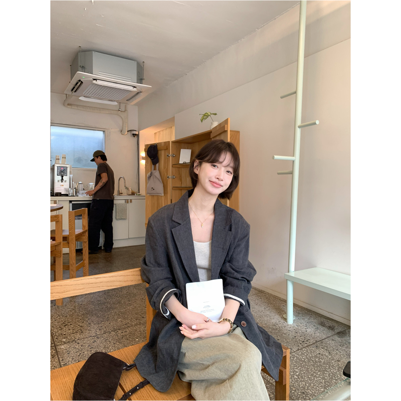 【Imiss】2026 New Product! Japanese Retro Simple Linen Blazer for Women, Dark Gray Suit for Autumn