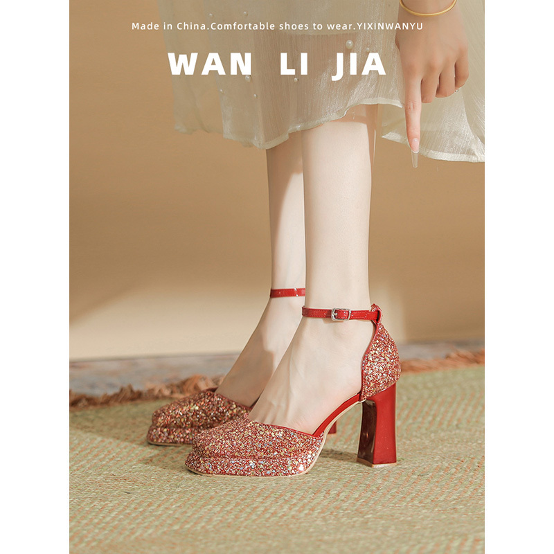 French-Style Red Wedding Shoes for Women 2026 New Bridal Shoes Xiuhe Toast Dress One-Strap Waterproof Platform High Heels Chunky Heel