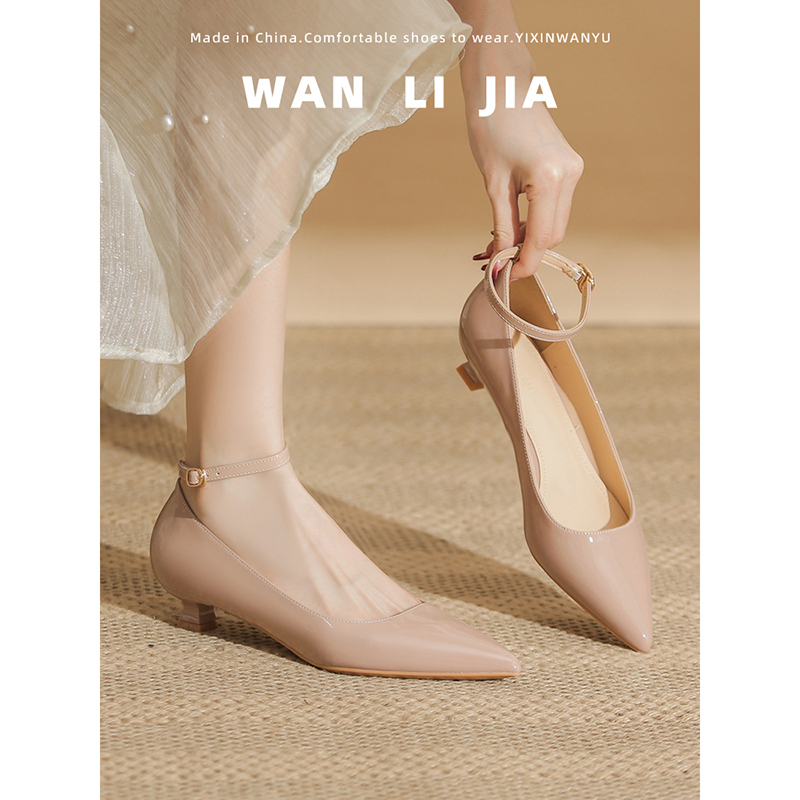 One-Strap High Heels for Women, Low Stiletto Heel, 2026 New Style, Elegant Nude Pink Pointed Toe, Professional Work Shoes, 3cm Single Shoes