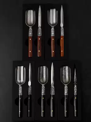 Damascus tea Knife Kung Fu Tea Set floral steel tea shovel set Pu'er tea needle stainless steel teaspoon solid wood tea cone
