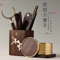 Jinge Inlaid Silver Black Sandalwood Tea Road Six Gentlemen Suit Kongfu Tea Accessories Tea Cup Cushion Tea Spoon Tea Knife Raising Pot Pen