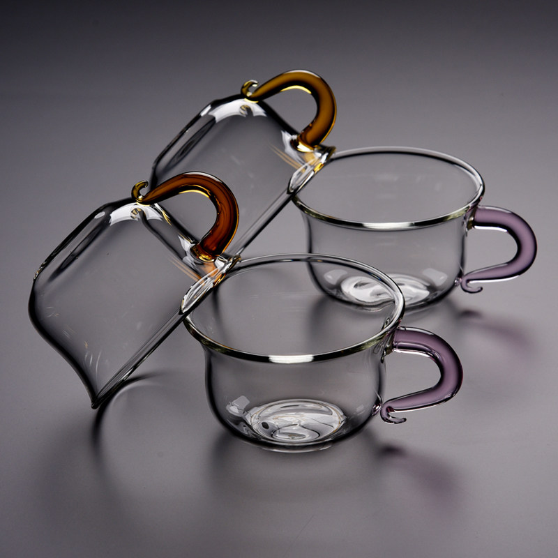 Jinge heat-resistant thickened Kung Fu Tea glass teacup with handle cup Individual single cup color handle Small cup Tea cup Tea set