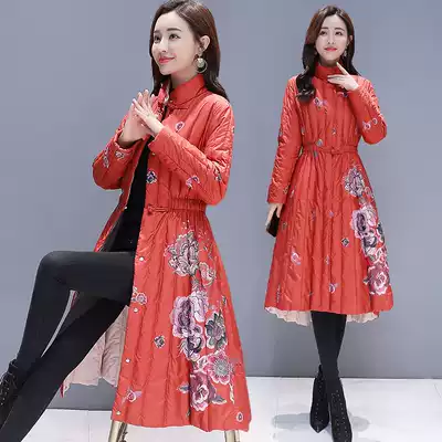 Chinese National style skirt printing medium and long version of waist cotton coat 2020 new winter down cotton jacket