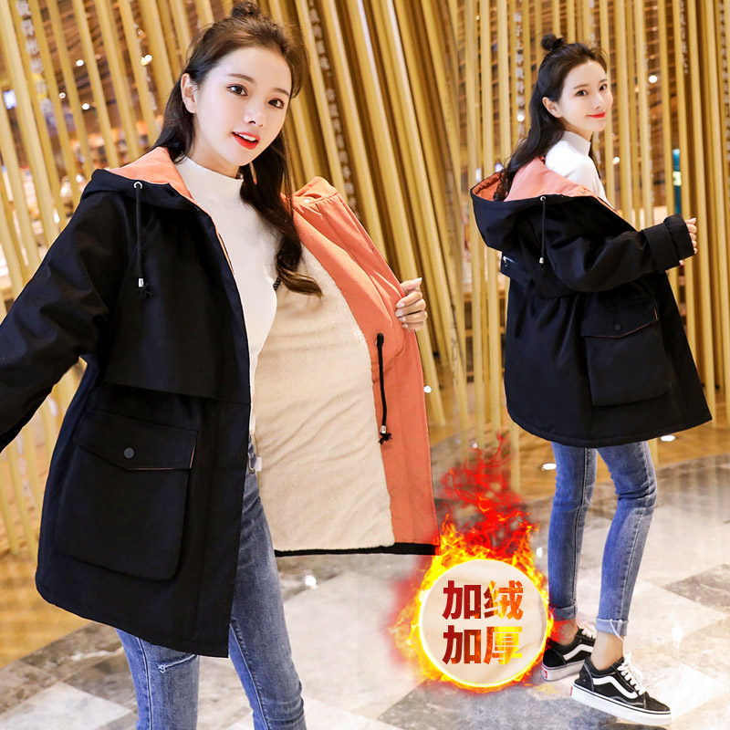 Cotton coat women's 2021 winter new student quilted jacket medium and long version plus velvet thickened cotton clothes casual ins tooling jacket