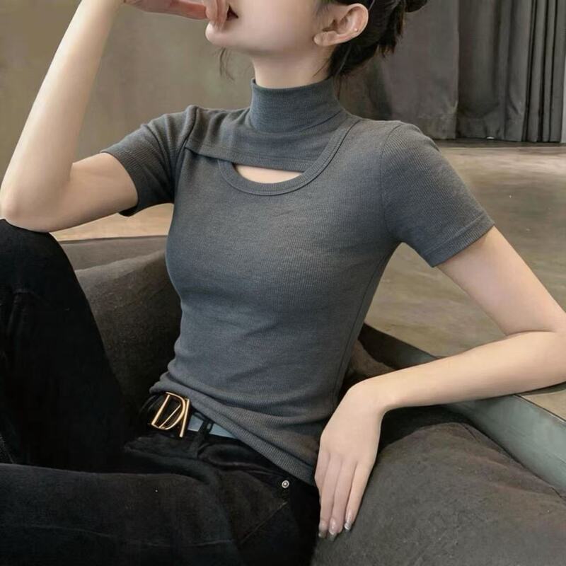 Threaded Half-High Collar Hollow-Out Short-Sleeve T-Shirt for Women, 2026 Spring/Summer Women's Base Shirt, Versatile Mid-Neck Regular Shoulder Top Threaded Half-High Collar Hollow-Out Short-Sleeve T-Shirt for Women, 2026 Spring/Summer Women's Base Shirt, Versatile Mid-Neck Regular Shoulder Top