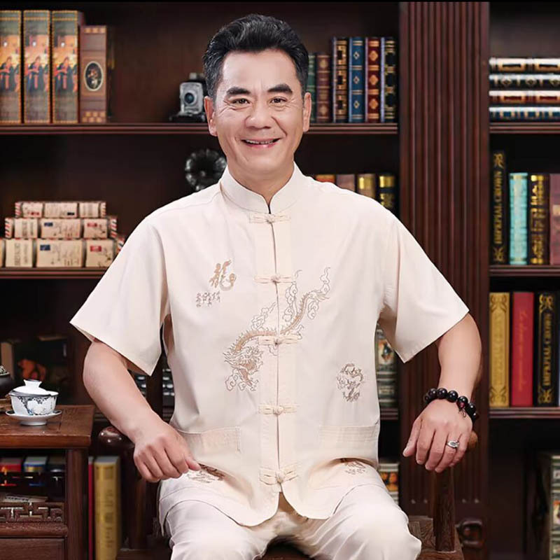 Summer Tang Suit Shirt Short-Sleeved Men's Ice Silk Zhongshan Shirt Middle-Aged and Elderly Dad Suit 80-Year-Old Grandpa 60-Year-Old 70-Year-Old
