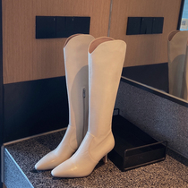 Giant Display Slim Net Red Elastic Slim Boot Slim heel Sexy high heel Long boot Female pointy 100 hitch long cylinder boot without overtaking a knee