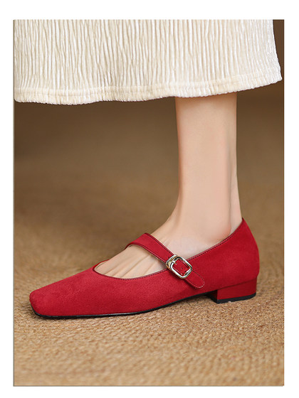 Kmeizu软~方头玛丽珍鞋女春新款简约磨砂豹纹平底赫本一字扣单鞋