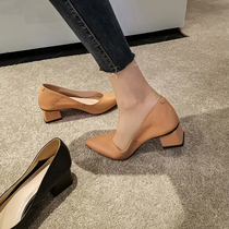 Giant Soft Good Wearing Style High Heel Shoes Female Pointed Full Genuine Leather Coarse heel Grandmother Shoes Shallow and Ou Goods Little Single Shoes