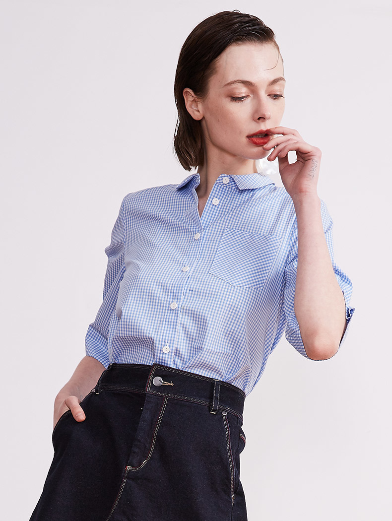 Naivee / Nawei mùa hè mới tay áo sơ mi kẻ sọc retro cotton thời trang nữ nhỏ sơ mi tươi áo sơ mi đen nữ