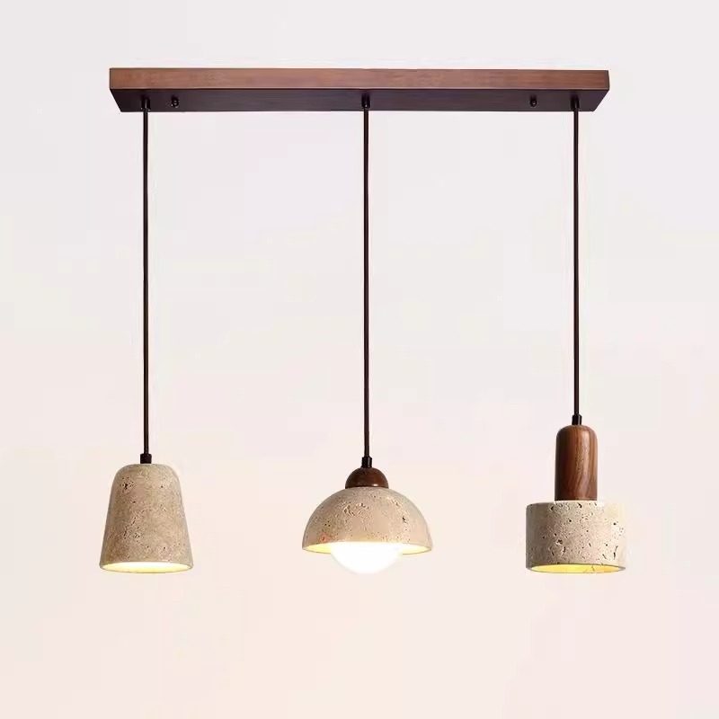 Restaurant Chandelier Three-Head Dining Table Lamp Walnut Wood High-End Yellow Travertine Wabi-Sabi Style Home Bar Dining Room Island Chandelier