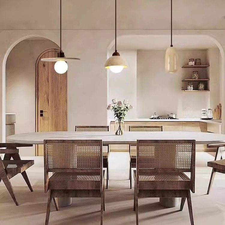 Restaurant Chandelier Three-Head Dining Table Lamp Walnut Wood High-End Yellow Travertine Wabi-Sabi Style Home Bar Dining Room Island Chandelier