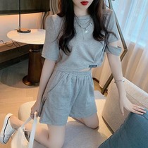  Casual sports suit womens 2021 summer net red short top thin high waist wide leg shorts fashion two pieces