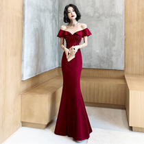 Toast 2021 New Spring Autumn red shoulder fishtail bride light luxury niche high-end evening dress dress women