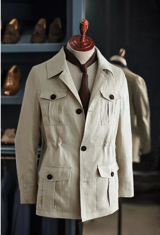 European and American Safari Jacket Hunting Jacket Handmade Pure Linen Gentleman's Style British Retro Slim-Fitting Hunting Coat