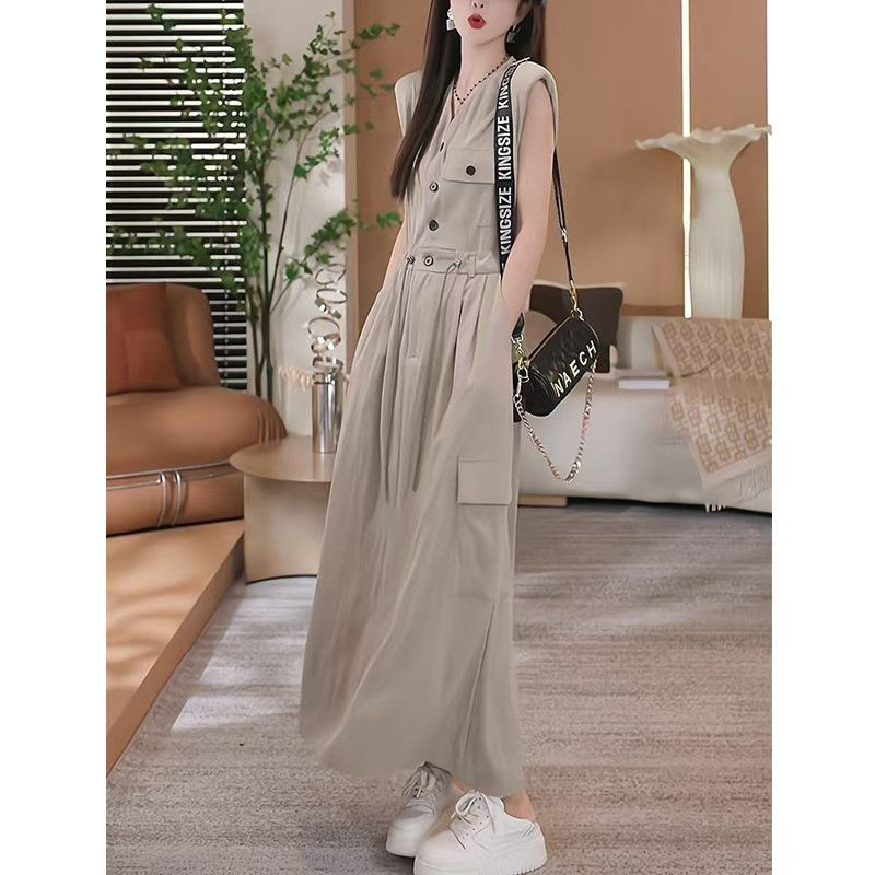 High-End and Elegant Workwear Dress for Women, Summer Plus Size, Slimming Waist, Drawstring, Sleeveless Tank Top Long Dress