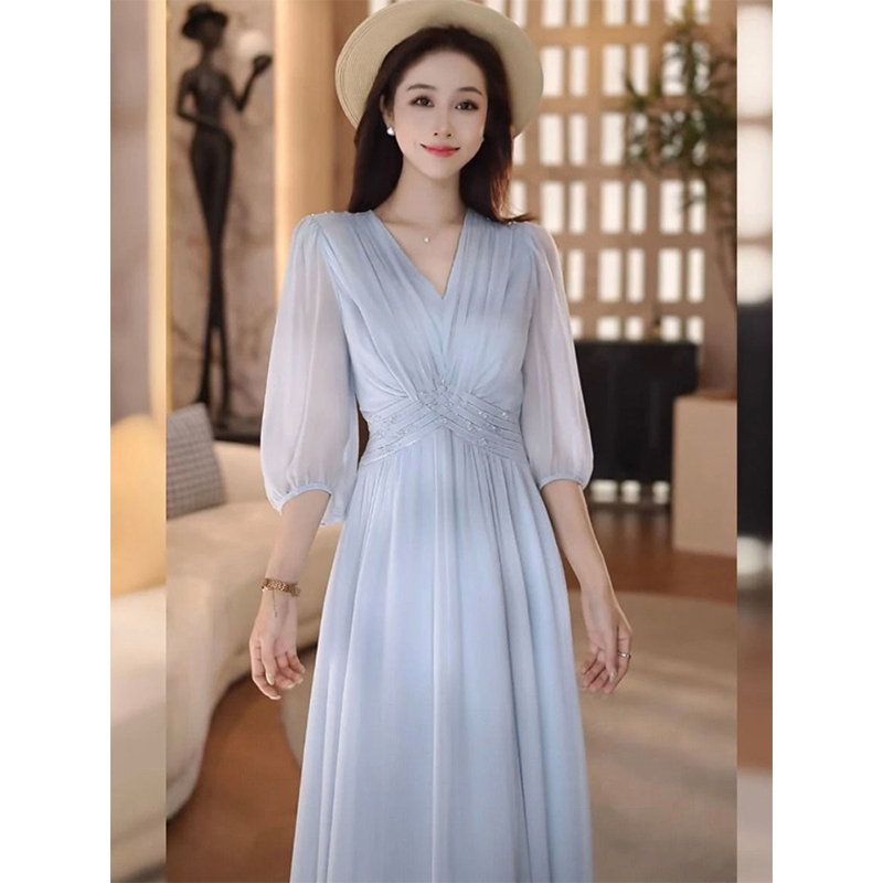Light Luxury Pleated Blue Dress 2026 Summer New Style Waist-Cinching Slimming Vacation Long Dress V-Neck Dress