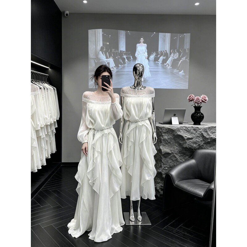 Trendy 2026 New French-Style Rhinestone Sequin High-End Long-Sleeve Dress, Elegant and Ethereal Long Dress, Fashionable Trendy 2026 New French-Style Rhinestone Sequin High-End Long-Sleeve Dress, Elegant and Ethereal Long Dress, Fashionable