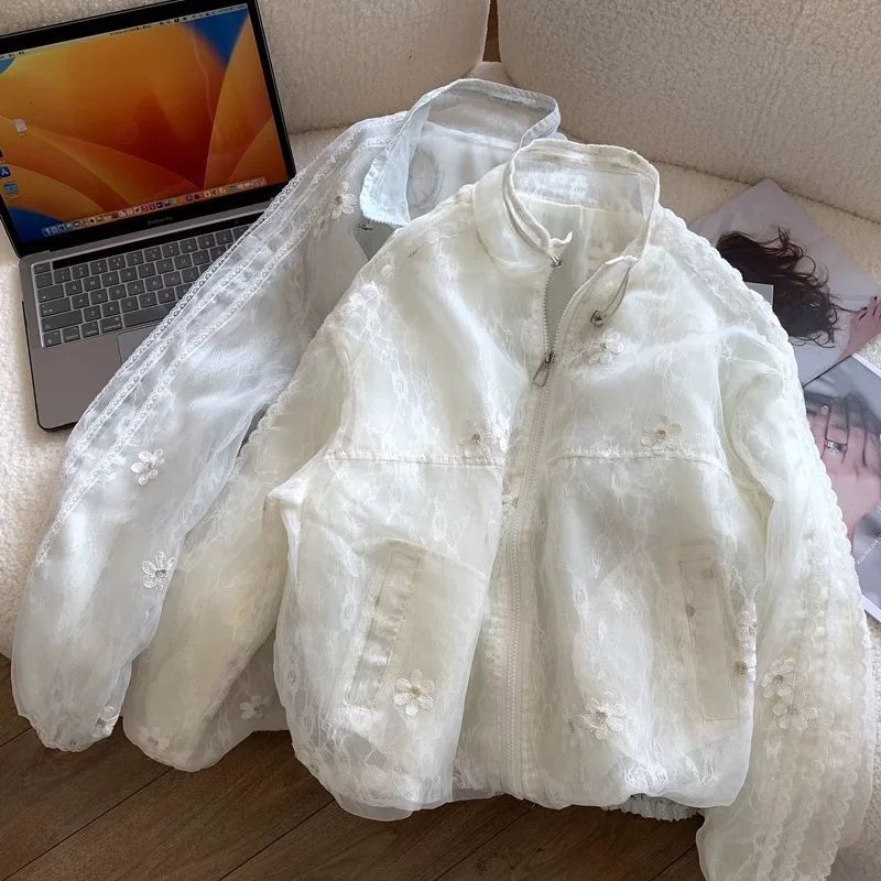 2025 Loose Jacket with Organza Mesh Embroidery, Small Floral Thin Short Coat, Women's Baseball Jacket, Summer Lace Sun Protection Clothing