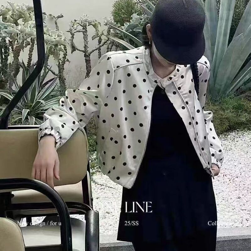 2026 New Style Polka Dot Short Jacket Satin Stand Collar Zipper Loose Slimming Versatile Top Baseball Jacket