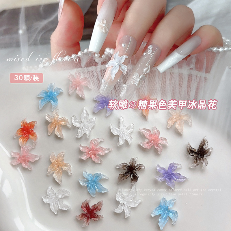 Soft-Carved Ice Crystal Lily Flower Handmade Nail Art Decoration 3D Flowers 30 Pieces Candy-Colored Nail DIY Decals Accessories