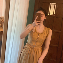 2020 new French vintage square collar dress female summer waist thin temperament skirt Platycodon summer skirt