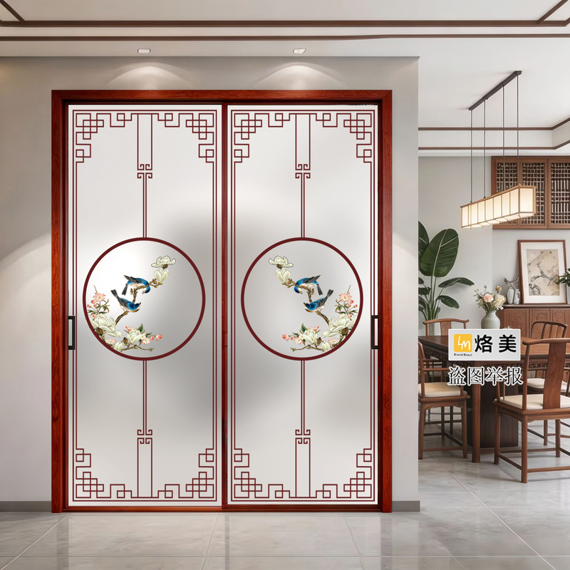 New Chinese-Style Artistic Glass Sliding Doors for Kitchen and Balcony, High-End Clubhouse and Beauty Salon Partitioning Sliding Doors for Living Room