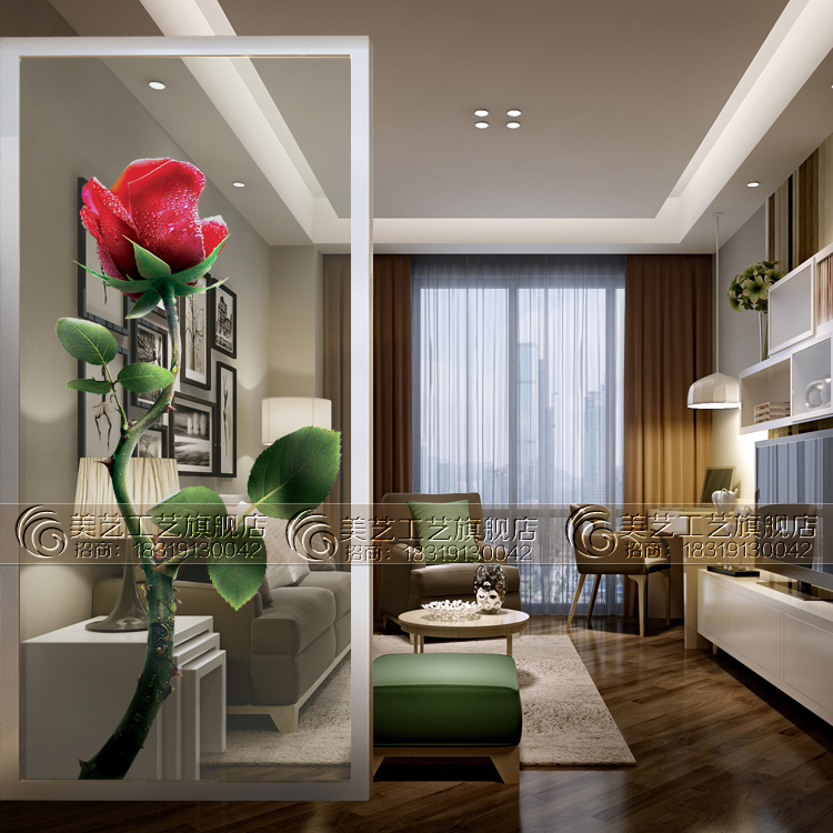 3D Solid Sense Art Glass Partition Screen Xuanguan Gangway Background Hand Engraving Double Face Frosted Rose Flowers