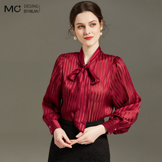 2022 spring new light luxury bow tie lantern sleeve top women's temperament design long-sleeved chiffon shirt