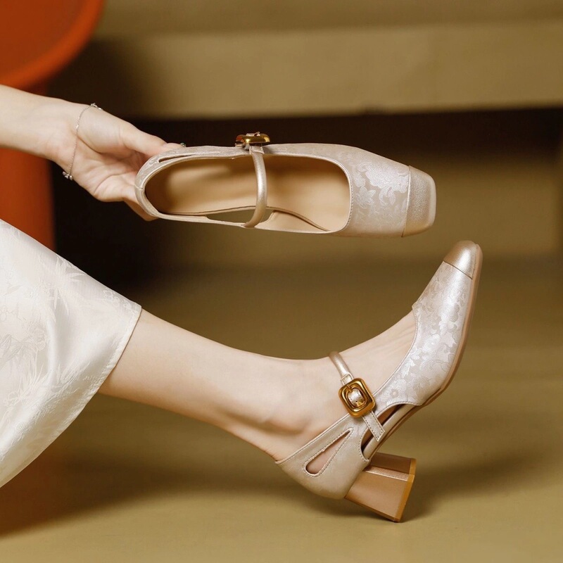 Jintebaili New Chinese Style Genuine Leather Chunky Heel Square Toe Mary Jane Shoes Cheongsam Runway High Heel Sandals for Women Jintebaili New Chinese Style Genuine Leather Chunky Heel Square Toe Mary Jane Shoes Cheongsam Runway High Heel Sandals for Women