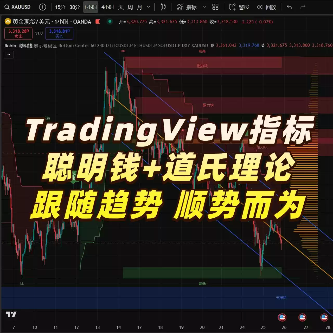 正版TradingView高阶指标ICT订单流SMC聪明钱道氏理论方法系统