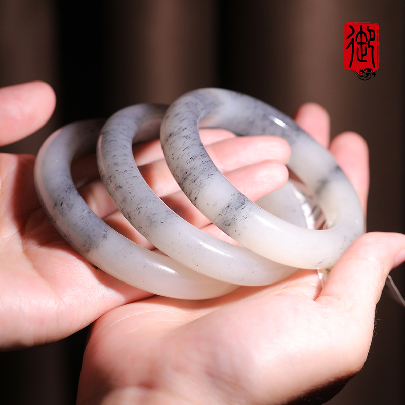 Yushifang Natural Black Mountain Blue and White Jade Bracelet for Women, Genuine Round Jade Bangle with White Jade and Ink Spots, Round Bar Bracelet