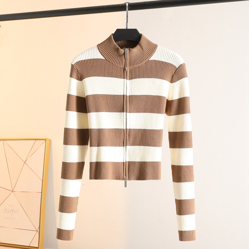 College Style Women's Stand-Up Collar Striped Double Zipper Long-Sleeved Knitted Cardigan Slim Fit Short High-Waisted Sweater Jacket College Style Women's Stand-Up Collar Striped Double Zipper Long-Sleeved Knitted Cardigan Slim Fit Short High-Waisted Sweater Jacket