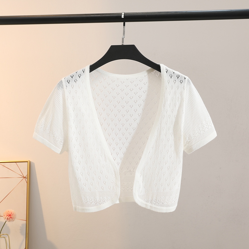 Summer Dress with Short Sleeves, Shawl, White High-Waisted Buttonless Cotton and Linen Cardigan, 2025 New White Knitted Jacket for Women