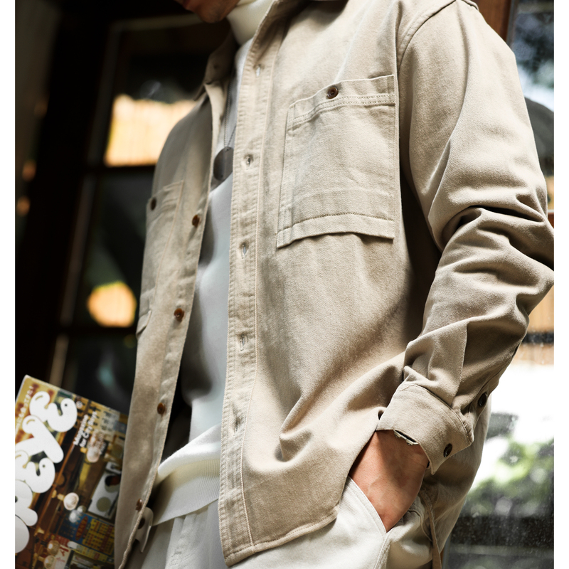 Bgyo Luqi Medela Vintage Long-Sleeve Shirt for Men, Washed Pure Cotton, Layered Outerwear, Japanese-Style Shirt Jacket for Spring