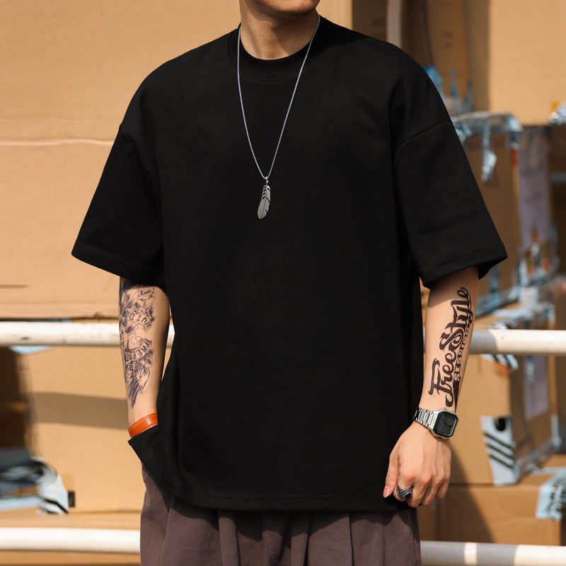 Bgyo 300g Heavyweight Small Neckline Short-Sleeve T-Shirt for Men, Loose Drop Shoulder Sleeves, Solid Color, Japanese Style, Simple Five-Quarter Sleeves, Base Layer