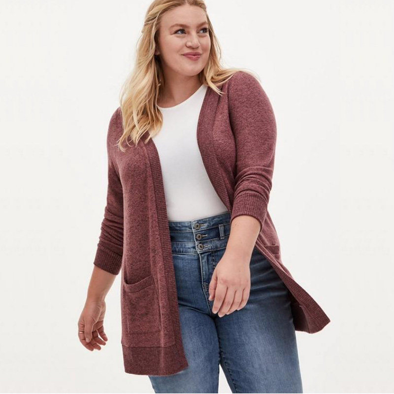 Plus Size Women's Loose Knit Cardigan with Plush Long Sleeves